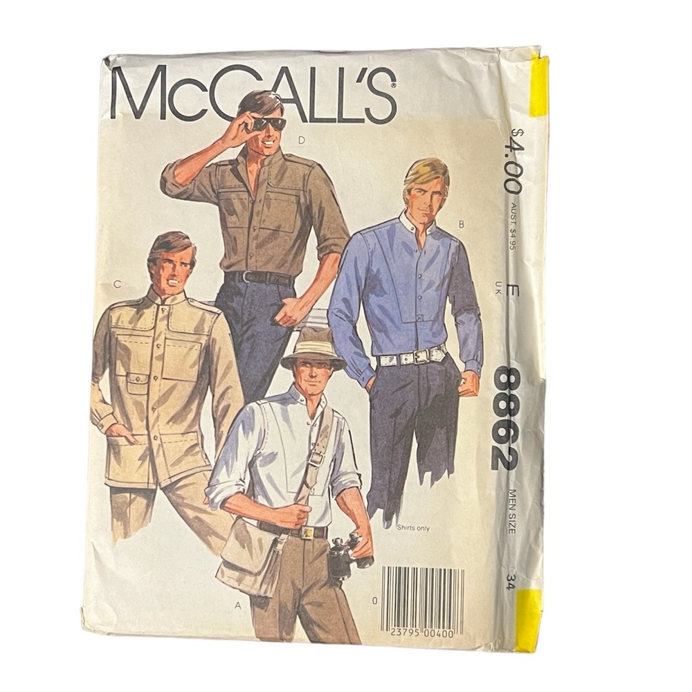McCalls 8862 1980s Mens Shirt sewing Pattern Sporty Cargo Safari Style UNCUT.